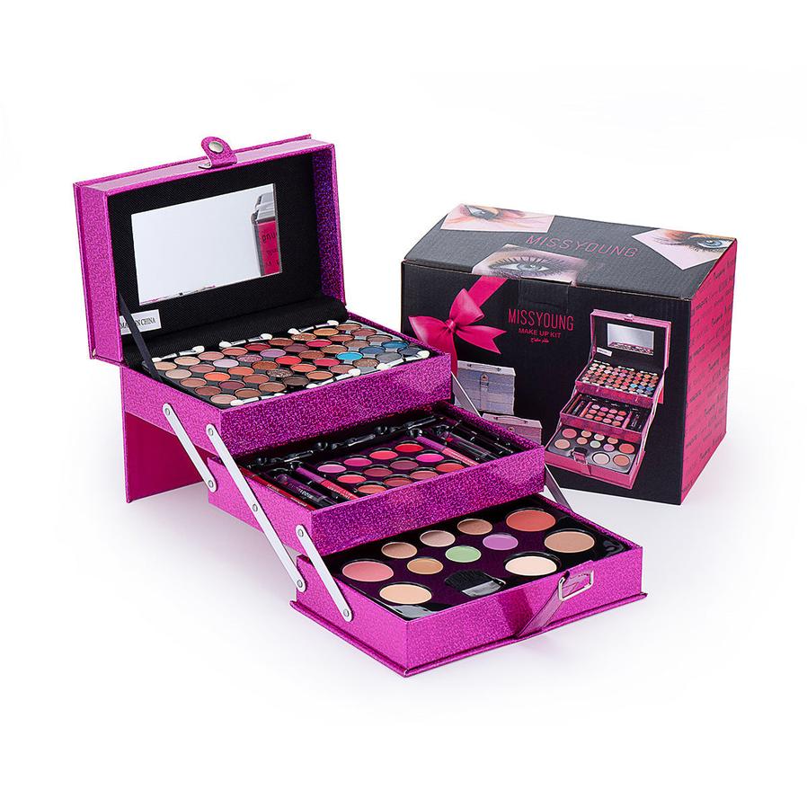 HKM-139987 Cosmetic Set with Eyeshadow Palette, Lipstick, Lip Gloss, and Blush in Pink and Rose Red Shades
