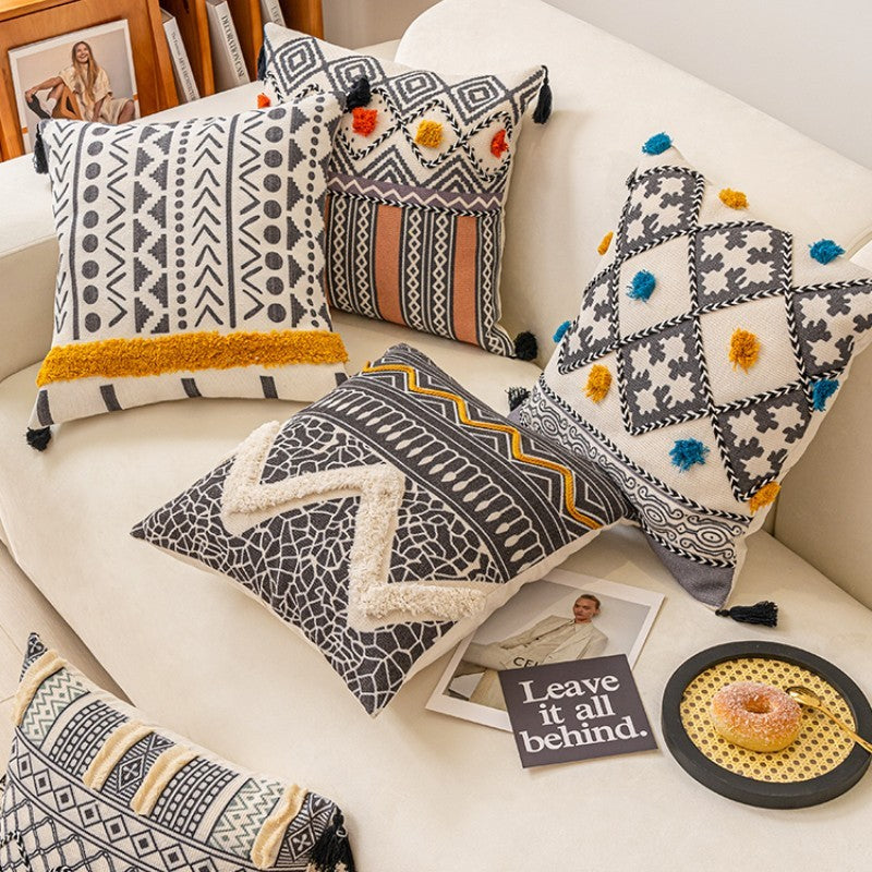 HKM-140371 Ethnic Style Tufted Pillow Cover for Living Room - Cotton, 45x45cm, Multiple Color Options