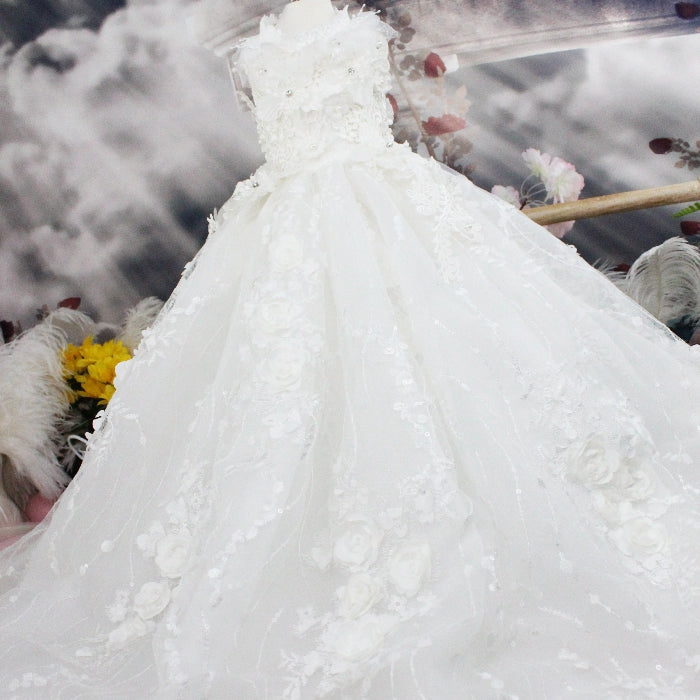 HKM-1406653 Elegant White Embroidered Princess Dress for Pets, Multiple Sizes Available