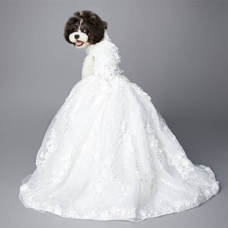 HKM-1406653 Elegant White Embroidered Princess Dress for Pets, Multiple Sizes Available