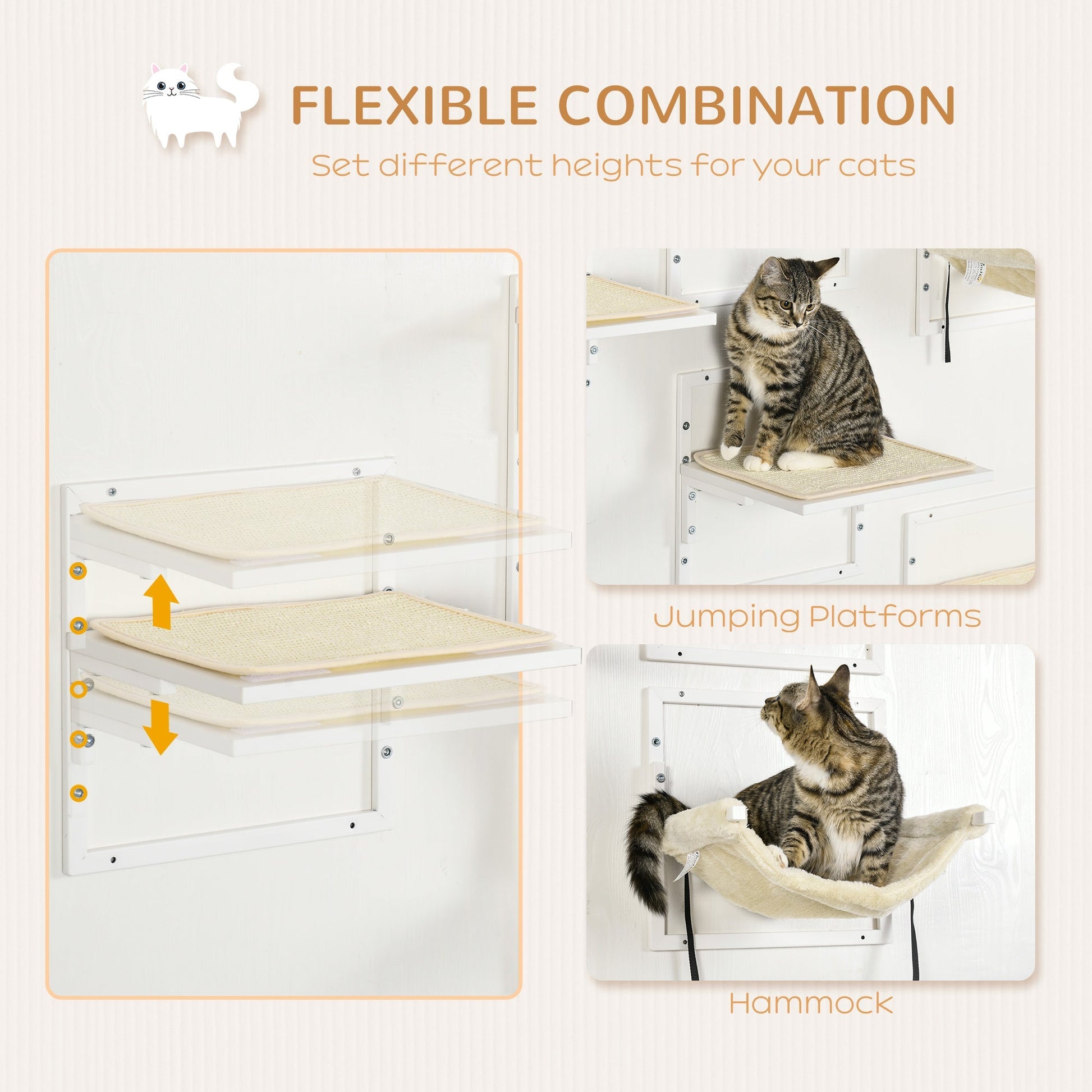 HKM-1407549 Wall-Mounted Cat Shelves with Cozy Hammock and Climbing Platforms for Indoor Cats, Supports Up to 11 lbs.