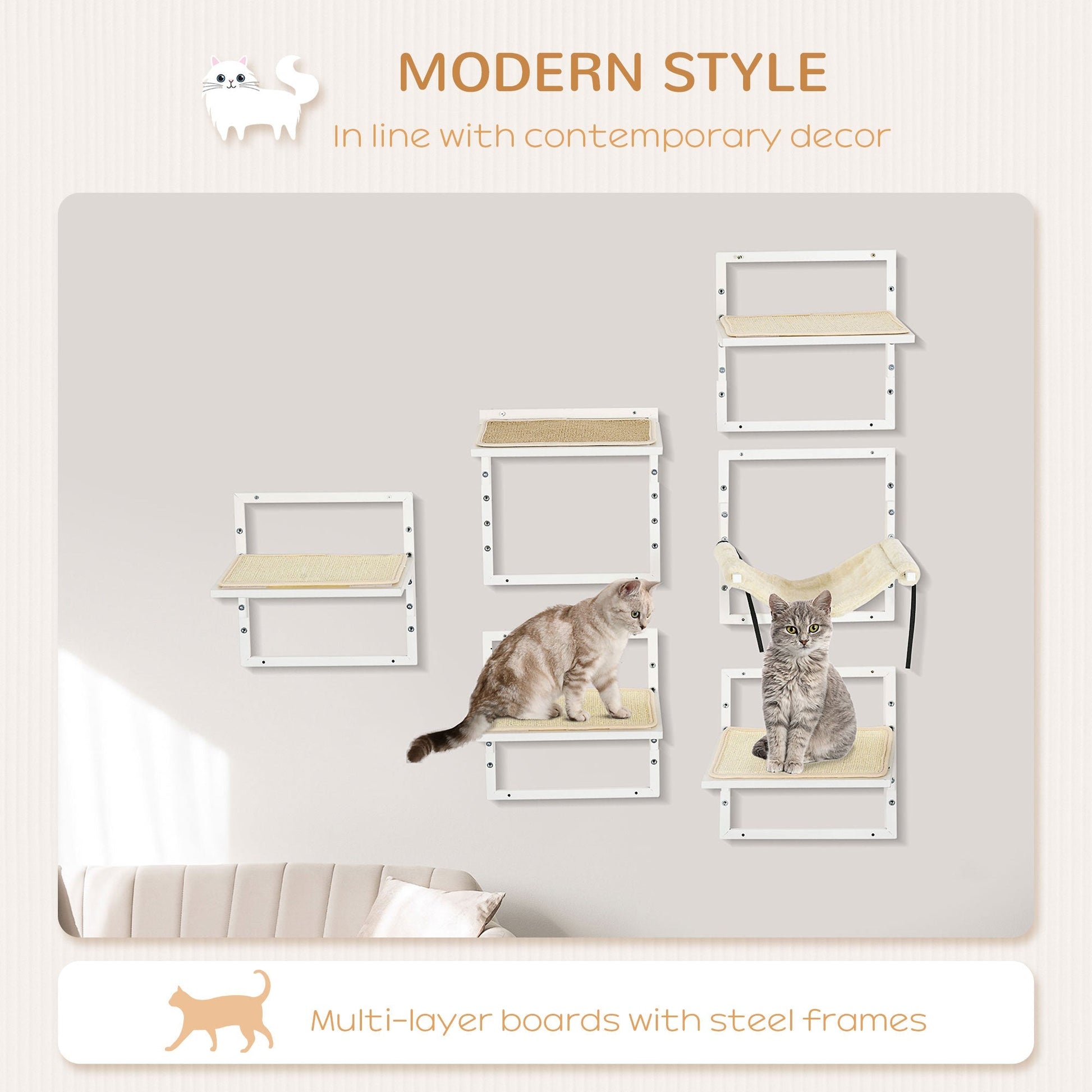 HKM-1407549 Wall-Mounted Cat Shelves with Cozy Hammock and Climbing Platforms for Indoor Cats, Supports Up to 11 lbs.