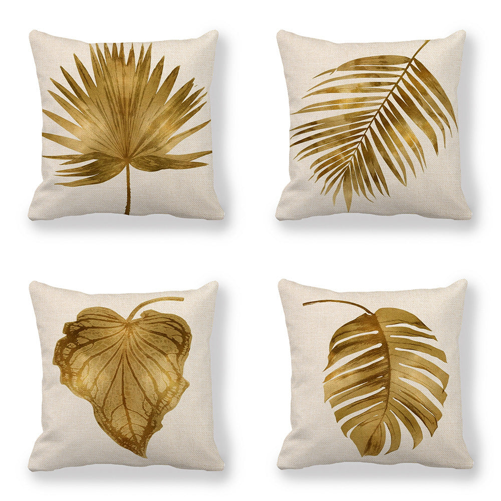 HKM-140755 Golden Palm Leaf Watercolor Linen Pillowcase - 45x45cm Cartoon Design