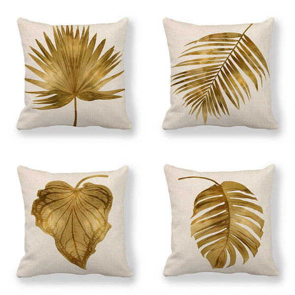 HKM-140755 Golden Palm Leaf Watercolor Linen Pillowcase - 45x45cm Cartoon Design