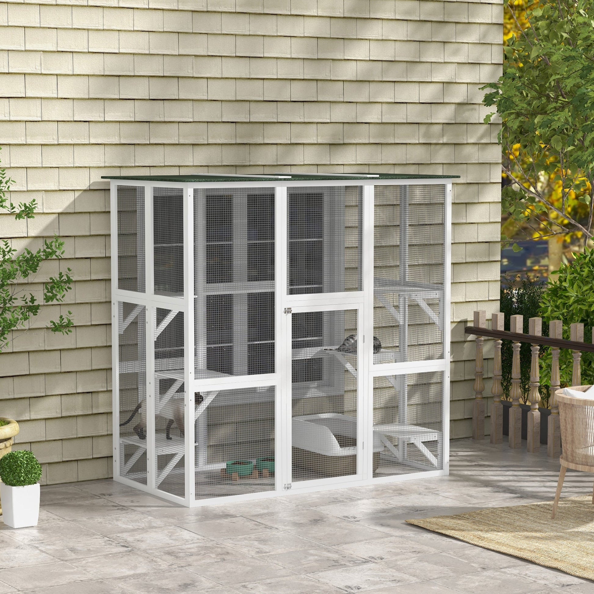 HKM-1408317 Spacious Wooden Outdoor Cat House with Six Platforms and Weather Protection, 71" L, White