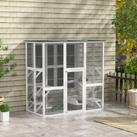 HKM-1408317 Spacious Wooden Outdoor Cat House with Six Platforms and Weather Protection, 71" L, White