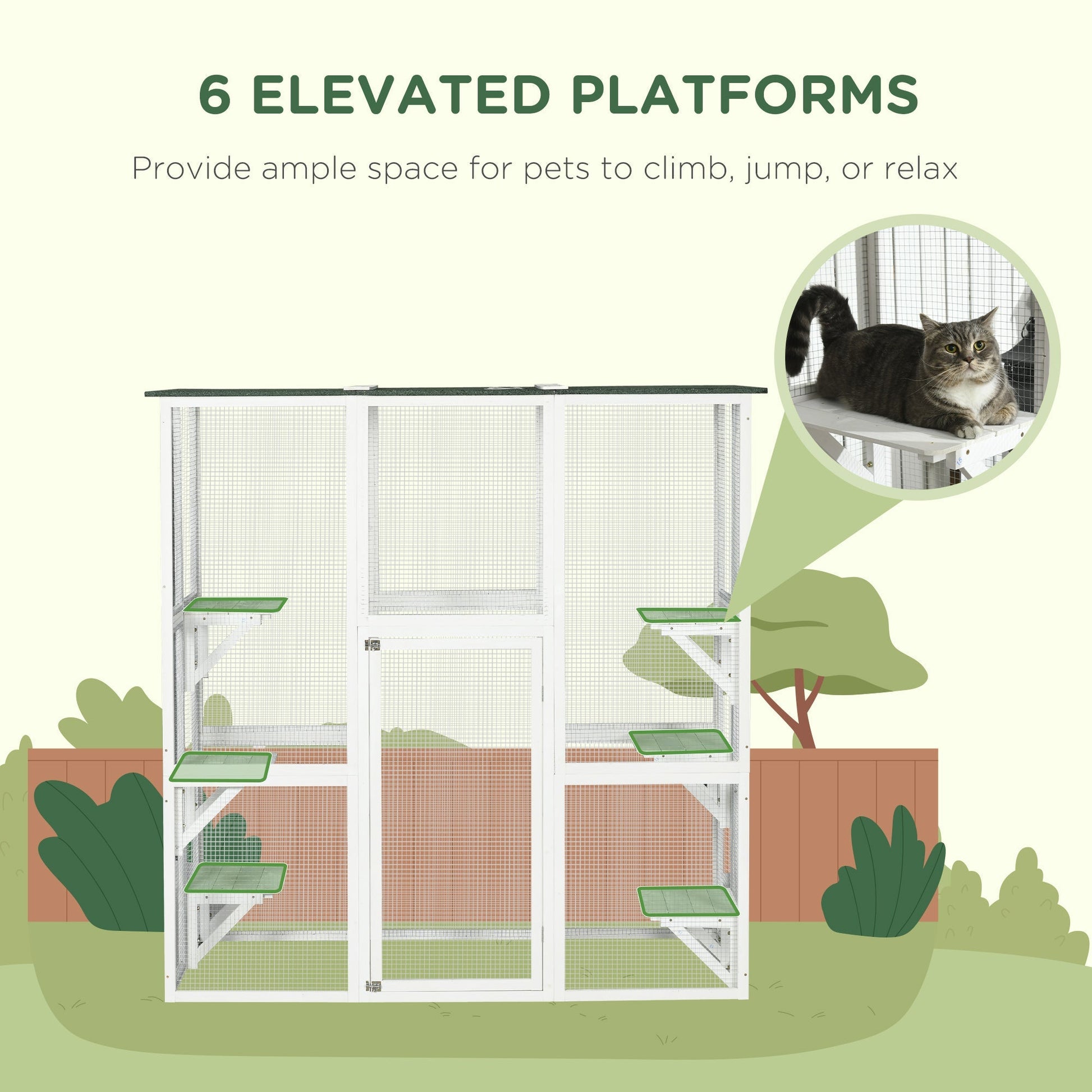 HKM-1408317 Spacious Wooden Outdoor Cat House with Six Platforms and Weather Protection, 71" L, White