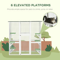 HKM-1408317 Spacious Wooden Outdoor Cat House with Six Platforms and Weather Protection, 71" L, White
