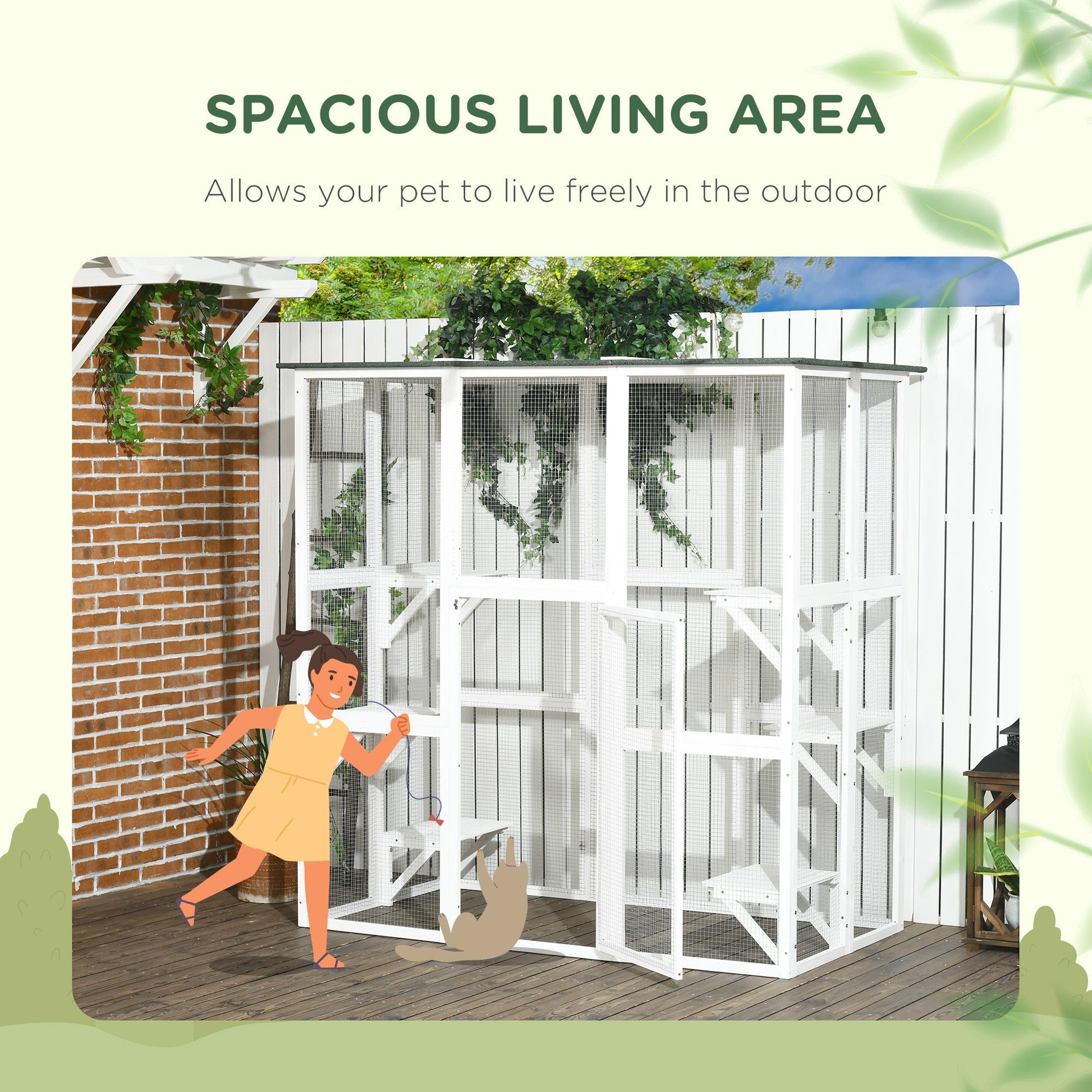 HKM-1408317 Spacious Wooden Outdoor Cat House with Six Platforms and Weather Protection, 71" L, White