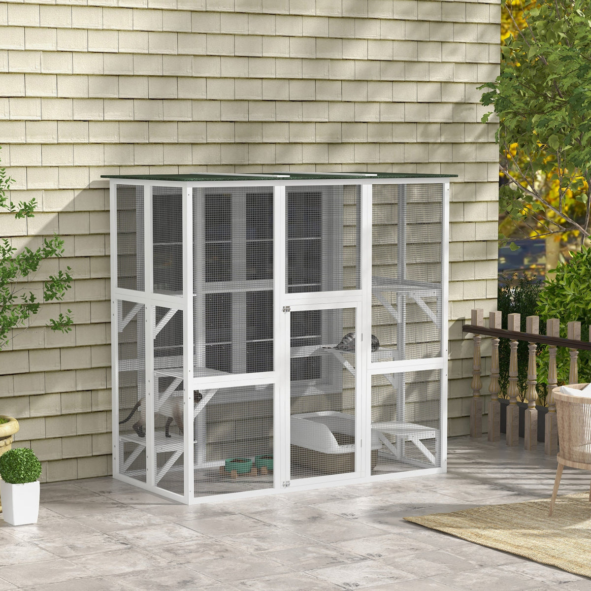 HKM-1408317 Spacious Wooden Outdoor Cat House with Six Platforms and Weather Protection, 71" L, White