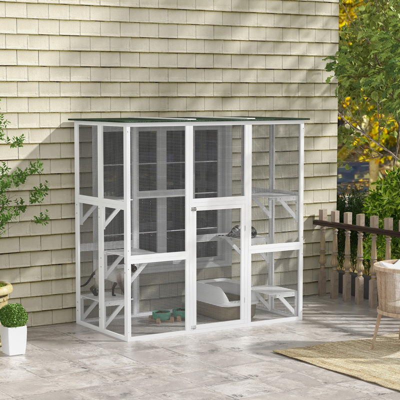 HKM-1408317 Spacious Wooden Outdoor Cat House with Six Platforms and Weather Protection, 71" L, White