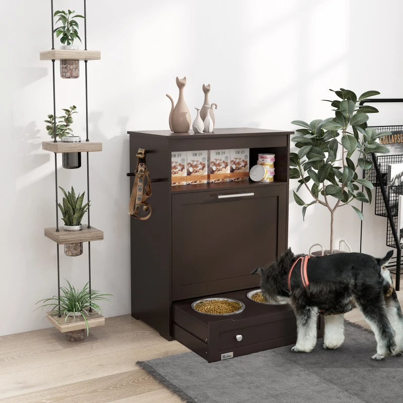 HKM-1409725 Gray Pet Feeder Station with Storage Cabinet and Dual Bowls, Ideal for Food and Water