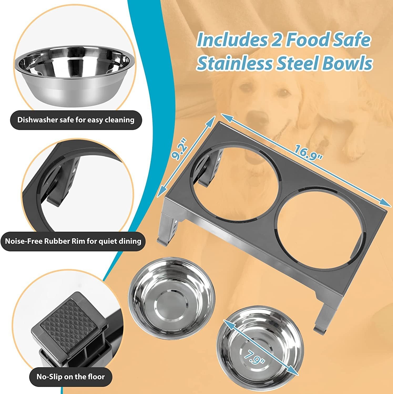 HKM-1410237 Adjustable Slow Feeding Bowl Rack with Stainless Steel Dog Bowls for Neck Protection