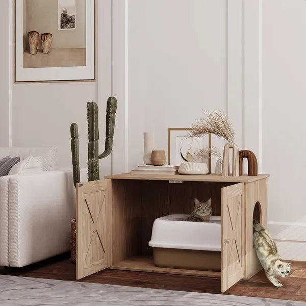 HKM-141075 Stylish Walnut Cat Litter Box Enclosure with Ventilated Door and Cat Access Hole