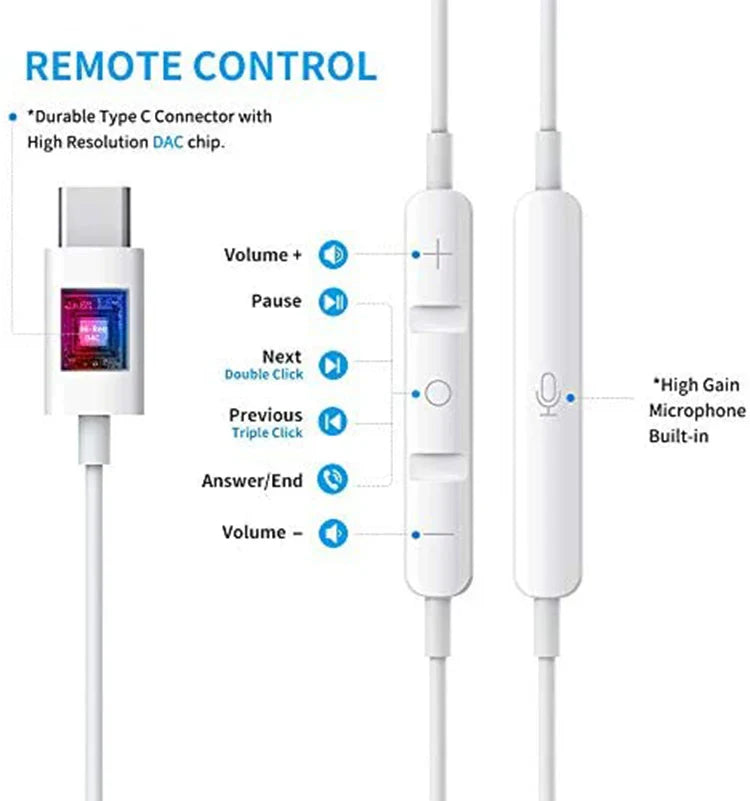 HKM-141075 USB-C Wired Earbuds with Mic for iPhone 15 and Google Devices