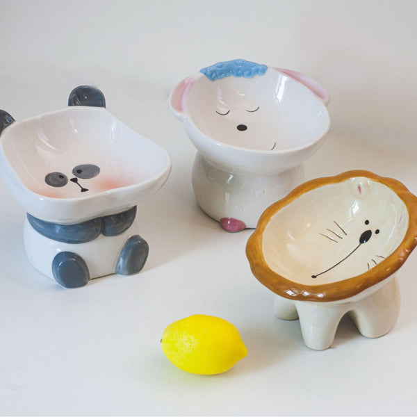 HKM-1415997 Cute Cartoon Ceramic Pet Bowl - Lion, Sheep, Panda, Blue Donut, Yellow Donut Design