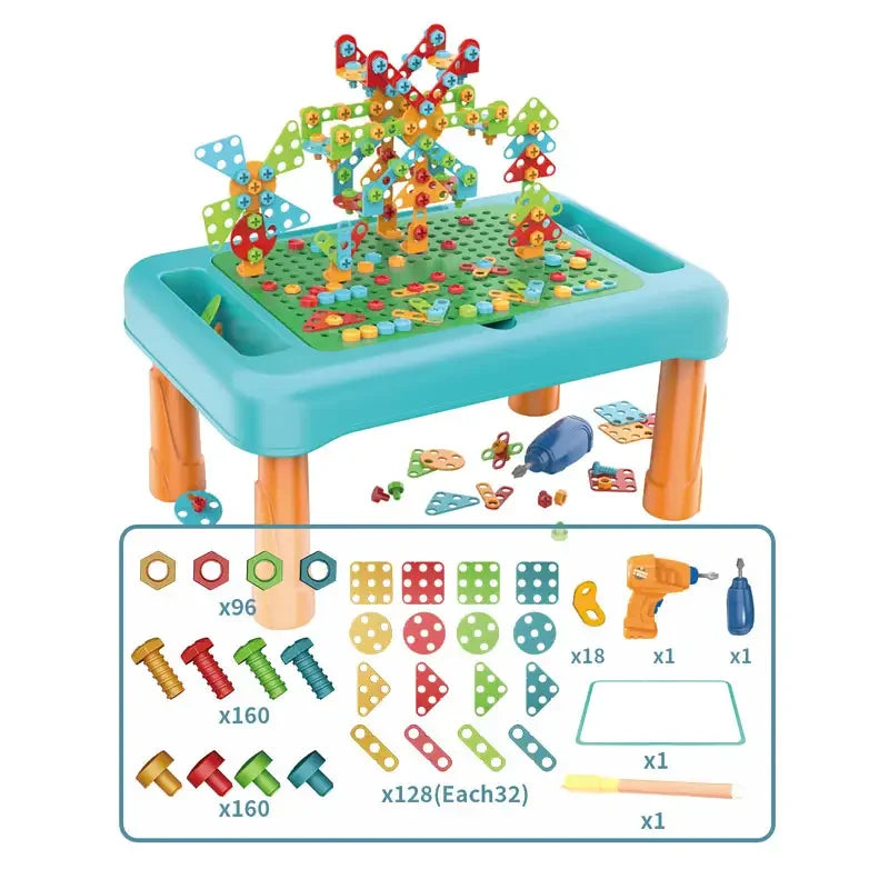 HKM-141715 2-in-1 Blocks Table with Terminal Block Screw Puzzle for Kids Ages 2-13