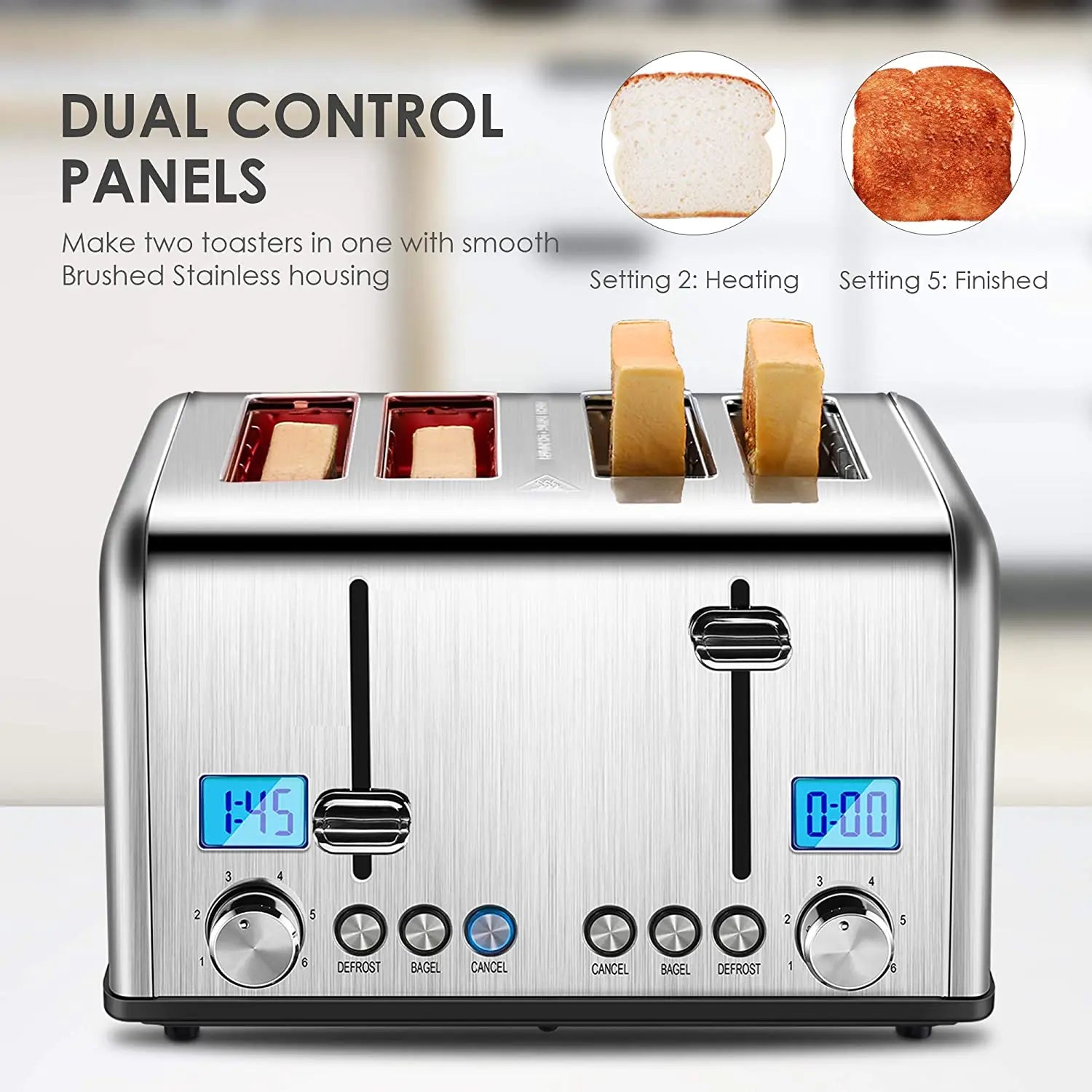 HKM-141971 Digital LED Display 4-Slice Stainless Steel Toaster with Smart Features