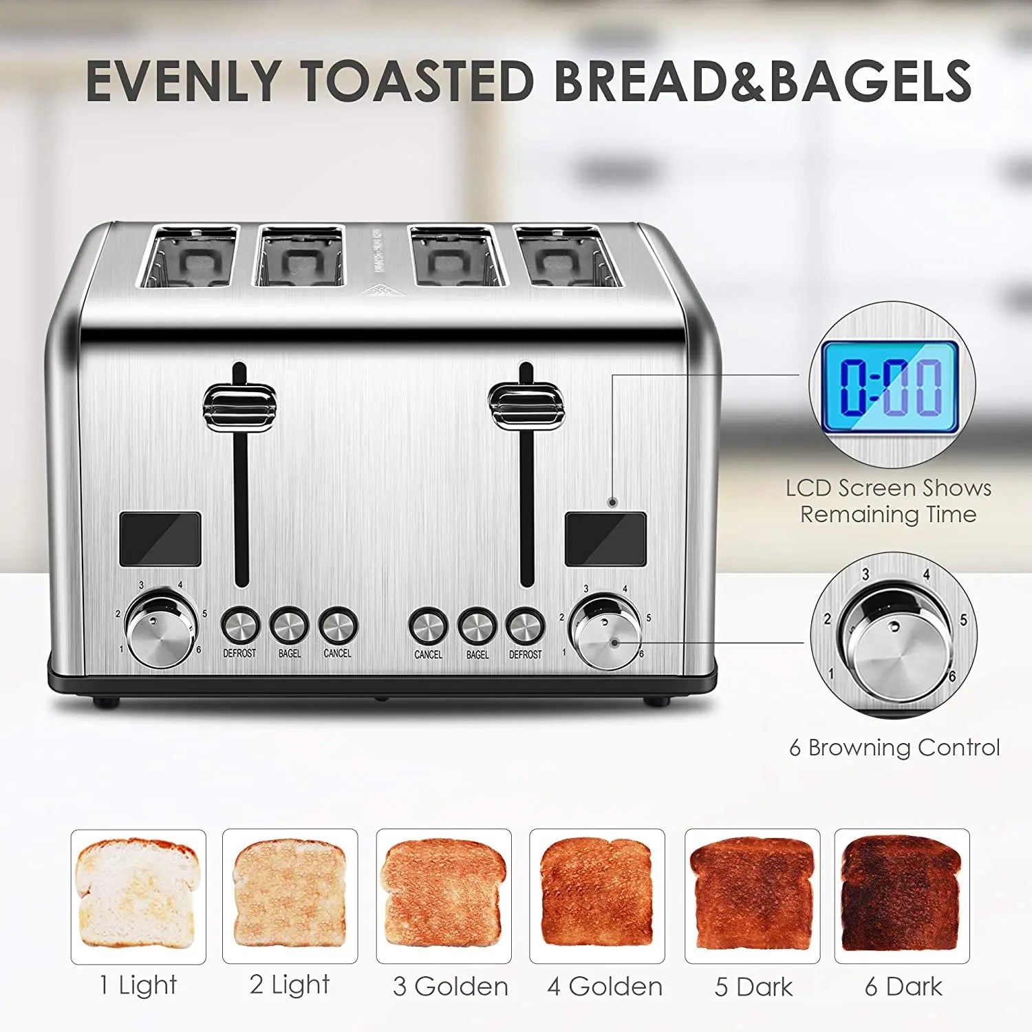 HKM-141971 Digital LED Display 4-Slice Stainless Steel Toaster with Smart Features