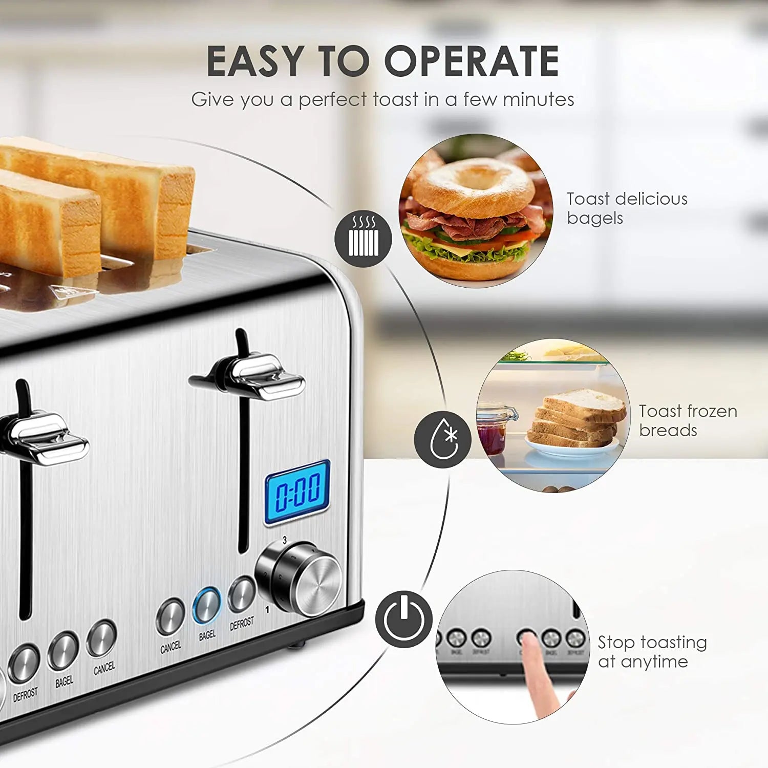 HKM-141971 Digital LED Display 4-Slice Stainless Steel Toaster with Smart Features