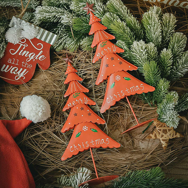 HKM-142035 Small Red Wrought Iron Christmas Tree Window Decoration Ornament