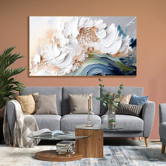HKM-142163 Handmade Modern Abstract Oil Painting with Heavy Texture - White Waves on Canvas, Large Size Art for Home and Restaurant Decor