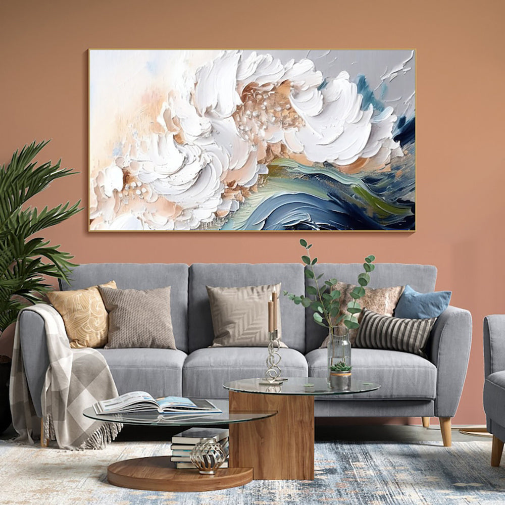 HKM-142163 Handmade Modern Abstract Oil Painting with Heavy Texture - White Waves on Canvas, Large Size Art for Home and Restaurant Decor