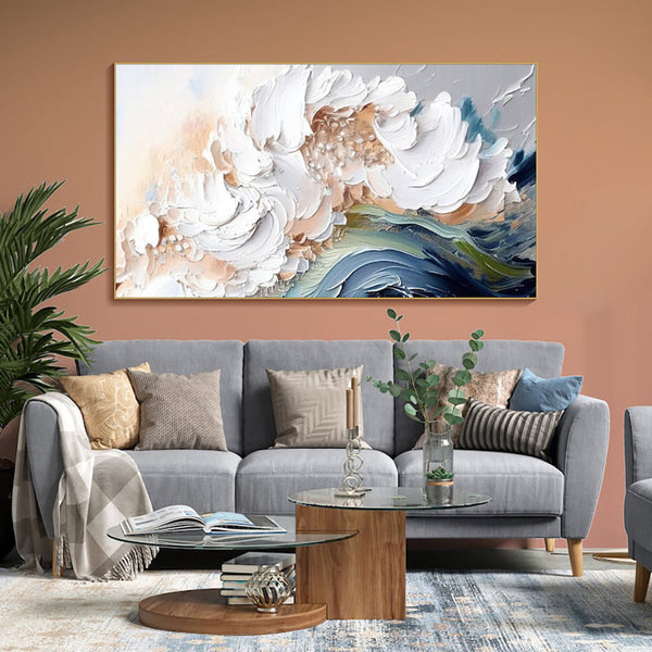 HKM-142163 Handmade Modern Abstract Oil Painting with Heavy Texture - White Waves on Canvas, Large Size Art for Home and Restaurant Decor