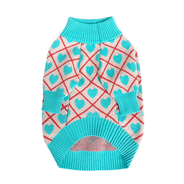 HKM-1423549 Warm Blue Peach Heart Sweater for Pugs, Teddies, Bichons, Schnauzers, Shiba Inus - Casual Dog Jacket in Various Sizes