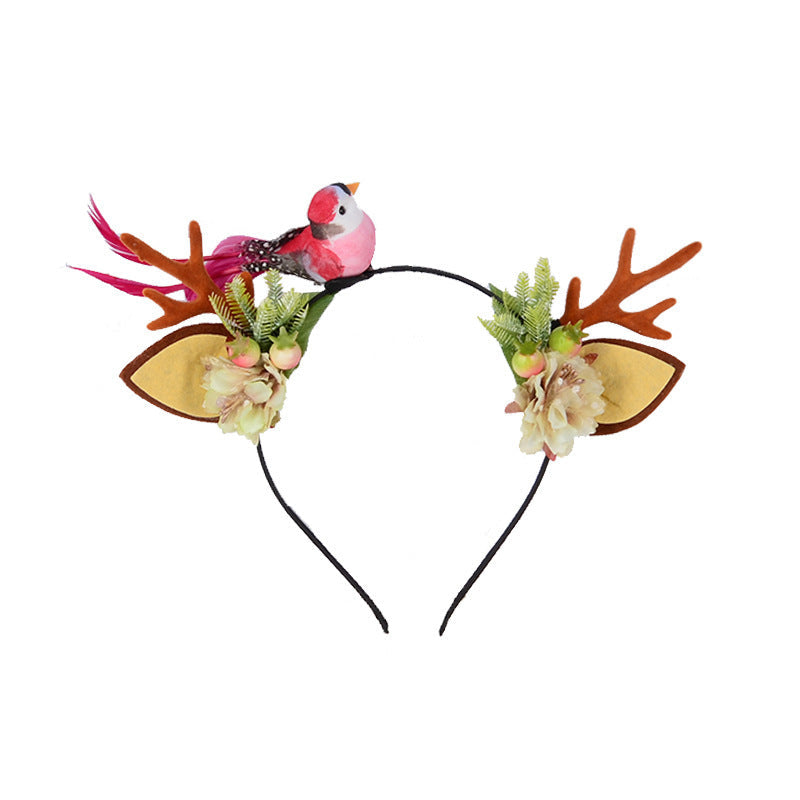 HKM-142803 Festive Little Antler Headband for Adults and Kids - Fabric with Artificial Antlers and Bird