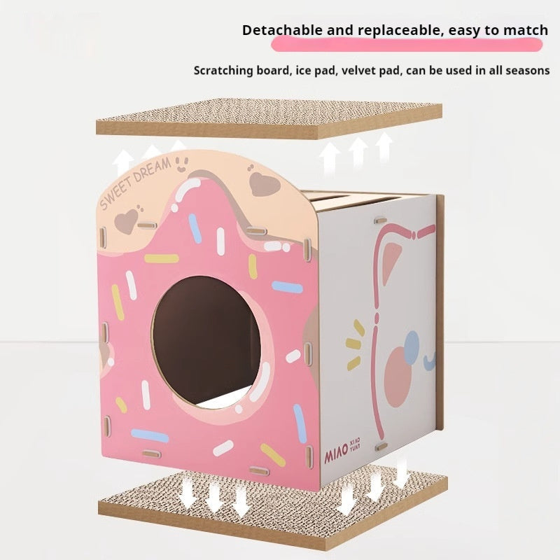 HKM-1429309 Strawberry Sweet Cube Cat Scratch Board in Cute Style, Crafted from Density Plate and Corrugated Paper, 39.5x41.5x48.5cm