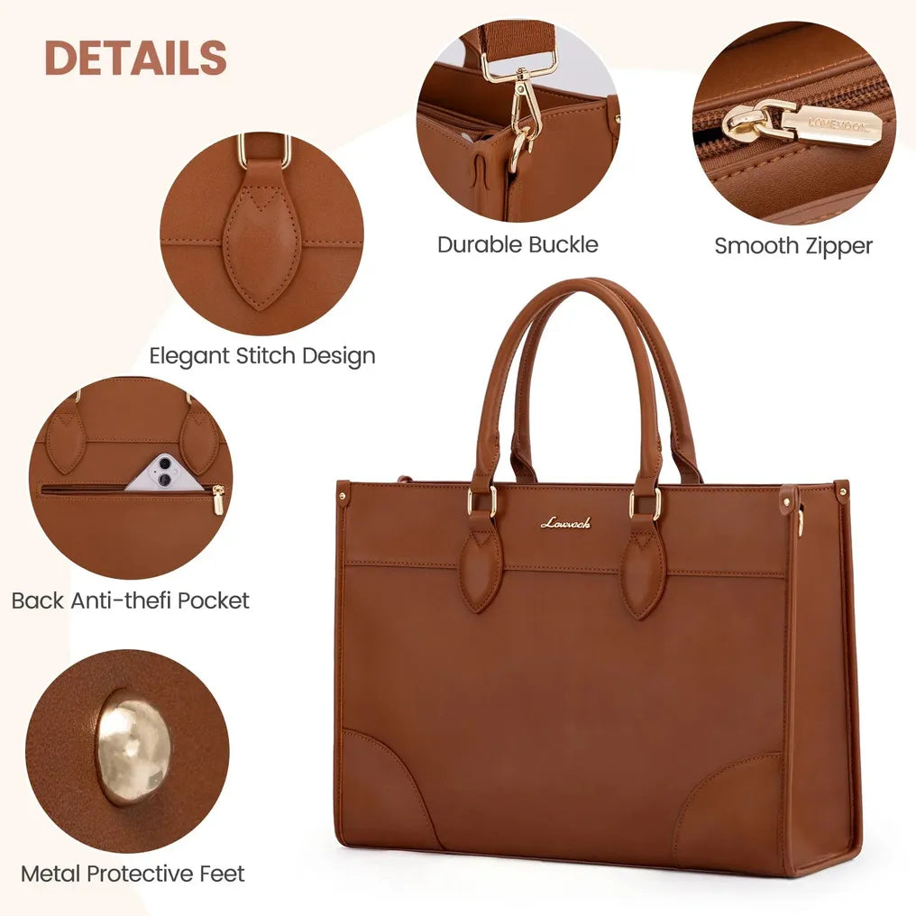 HKM-142931 Functional 15.6 Inch Leather Laptop Tote Bag Set for Women - Waterproof Office Shoulder Handbags