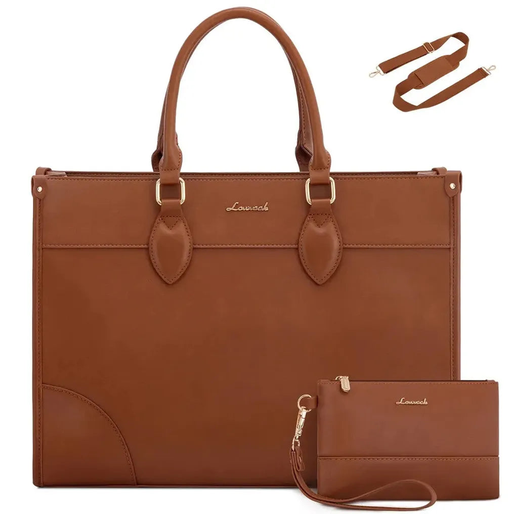 HKM-142931 Functional 15.6 Inch Leather Laptop Tote Bag Set for Women - Waterproof Office Shoulder Handbags
