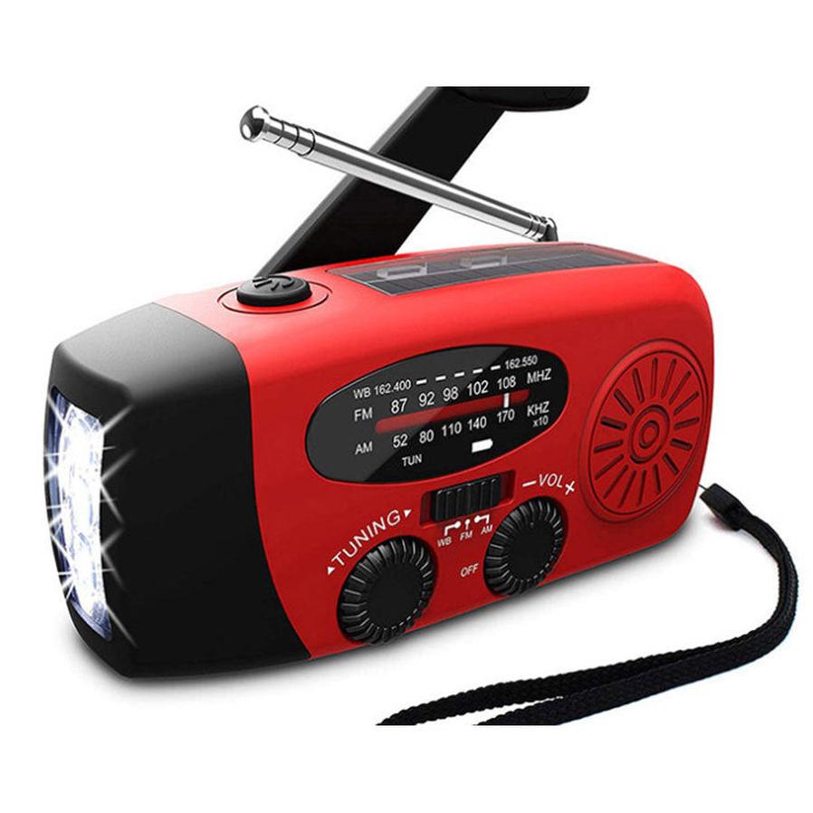 HKM-143059 Solar Hand Crank Radio Flashlight with USB Charging - Red, ABS Material, Compact Design