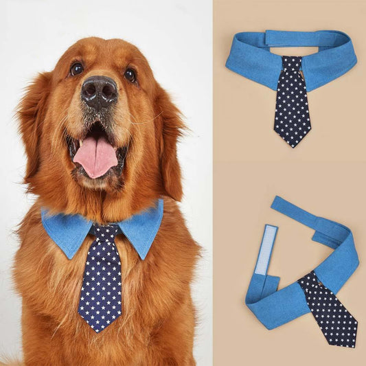 HKM-1432765 Adjustable Denim Pet Collar with Star Pattern - Comfortable Necktie for Special Occasions