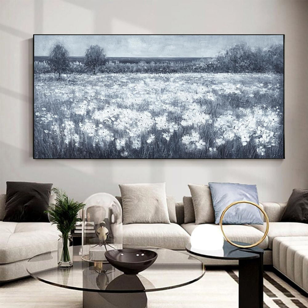 HKM-143315 Handmade Black and White Landscape Oil Painting with Little White Flowers on Canvas - Unstretched Wall Art for Home Decor