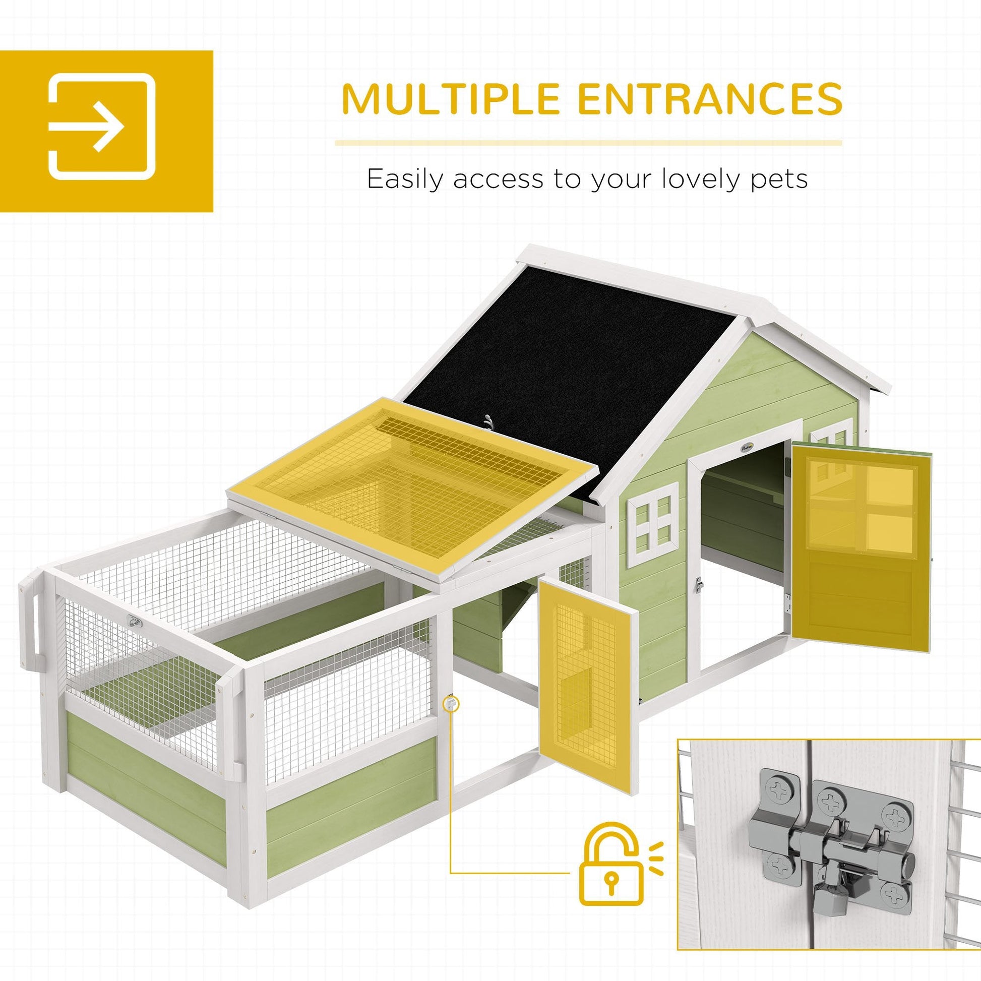 HKM-1434941 64-Inch Spacious Rabbit Hutch with Asphalt Roof, Handles, and Wheels