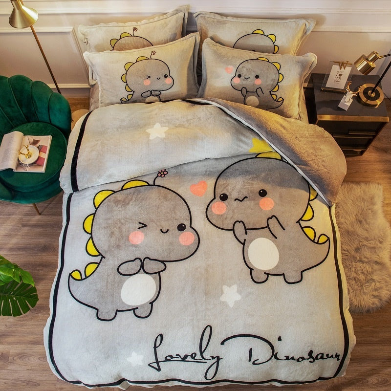 HKM-143699 Cozy Cartoon Coral Velvet Bed Set with Four-Piece Winter Flannel Sheets