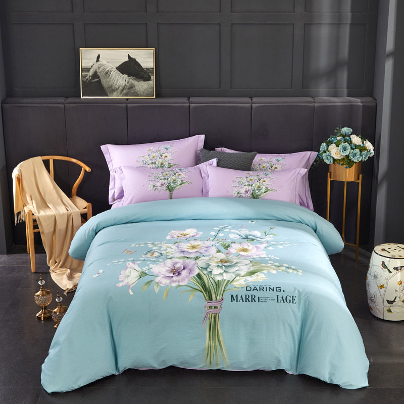 HKM-143699 Four-Piece Floral and Horse Print Cotton Bedding Set in Standard and Enlarged Sizes