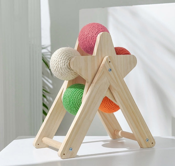 HKM-1437245 Solid Wood Sisal Cat Grab Ball Toy for Interactive Play