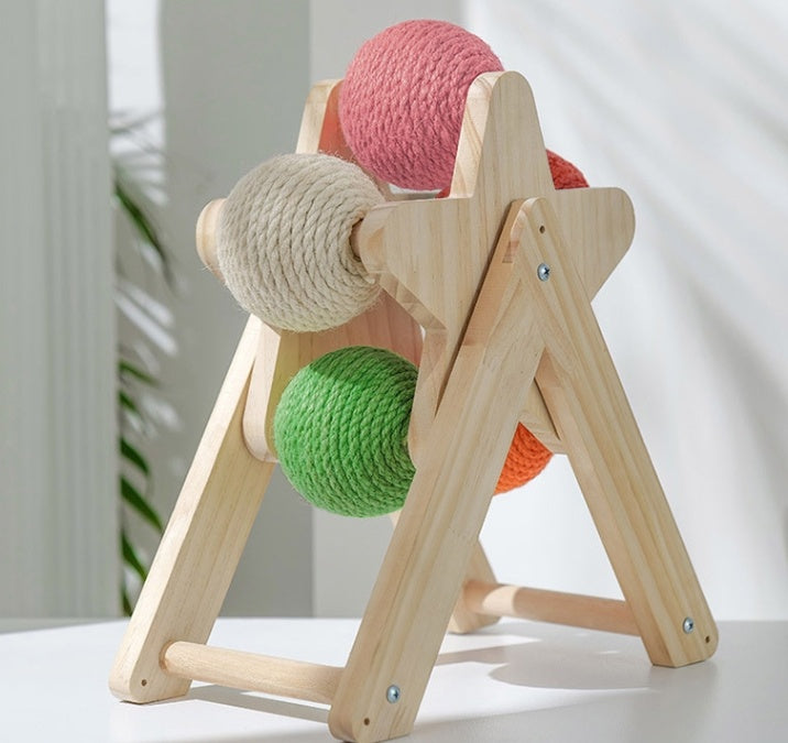 HKM-1437245 Solid Wood Sisal Cat Grab Ball Toy for Interactive Play