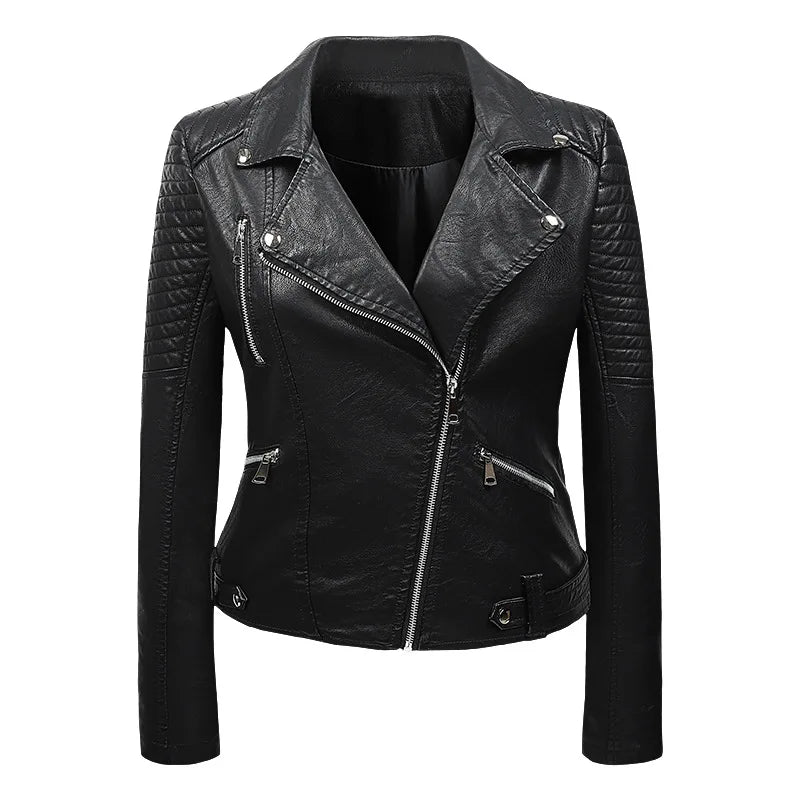 HKM-143763 PU Leather Jacket for Women Korean Version Slim Fit Harajuku Style Spring Short Flip Collar Motorcycle Jacket Clothing
