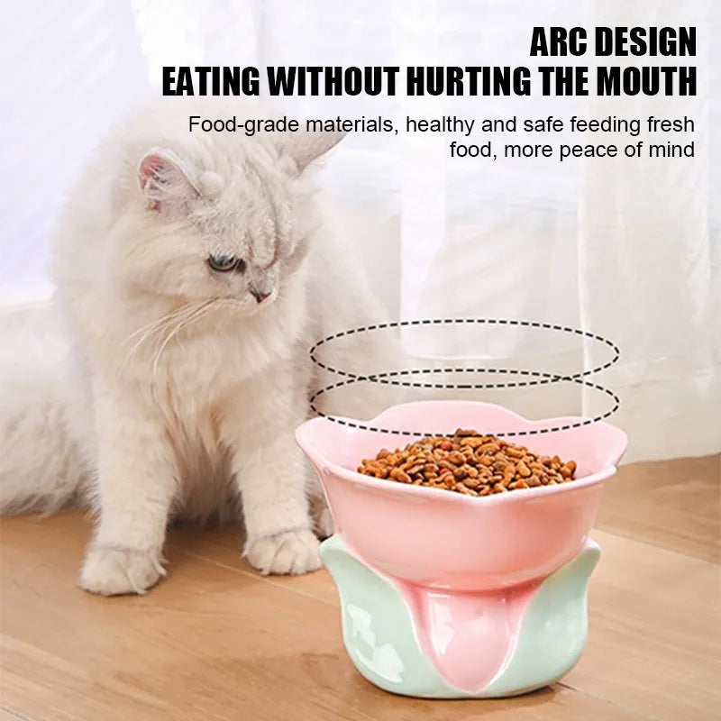 HKM-1438525 Elevated Ceramic Pet Bowl with Floral Design for Comfortable Feeding for Cats and Small Dogs