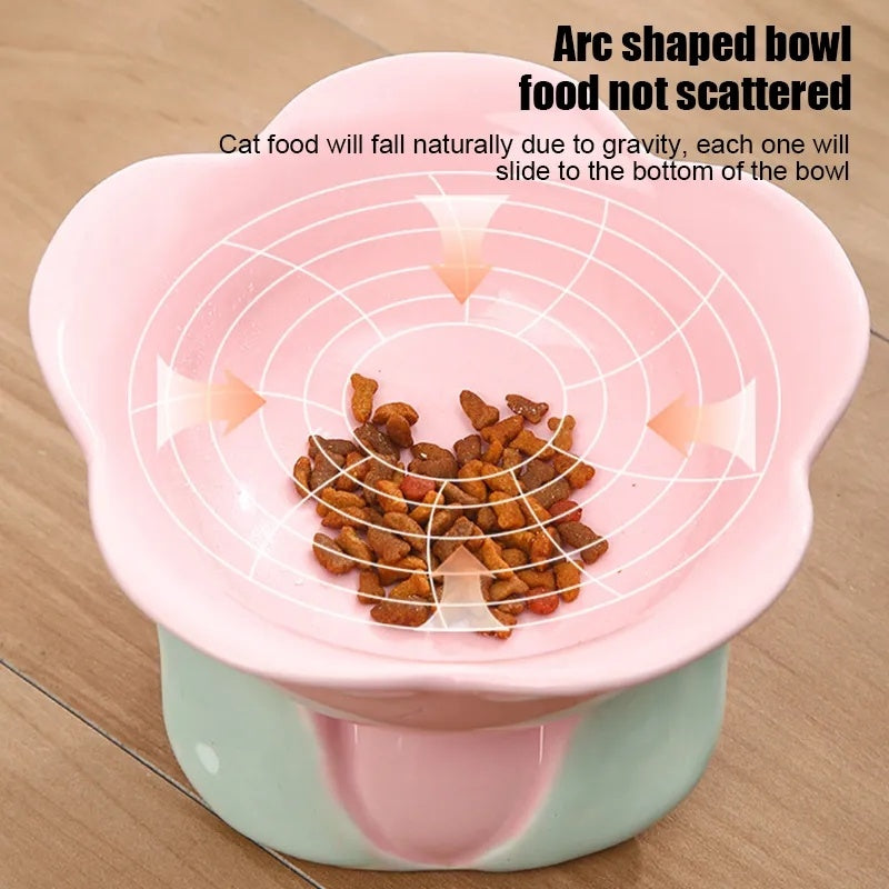 HKM-1438525 Elevated Ceramic Pet Bowl with Floral Design for Comfortable Feeding for Cats and Small Dogs