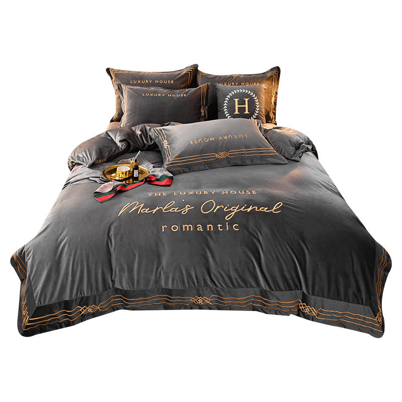 HKM-144211 Milk Velvet Embroidery Four-Piece Bedding Set for Various Bed Sizes