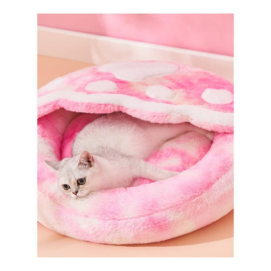 HKM-144339 Cozy Plush Enclosed Cat Bed with Unicorn Design - Winter Warmth in Pink and Blue