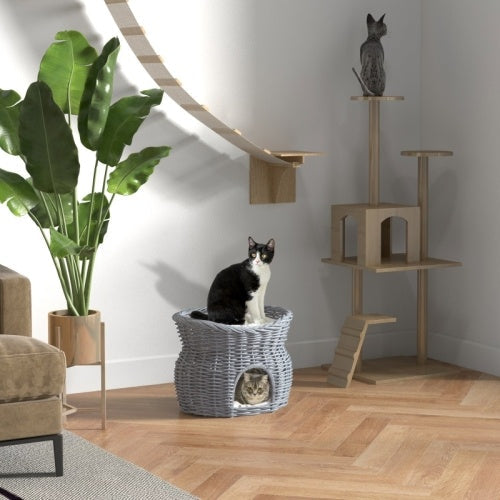 HKM-144531 Elevated 2-Tier Wicker Cat House with Washable Cushion, Grey Pet Bed and Play Tower