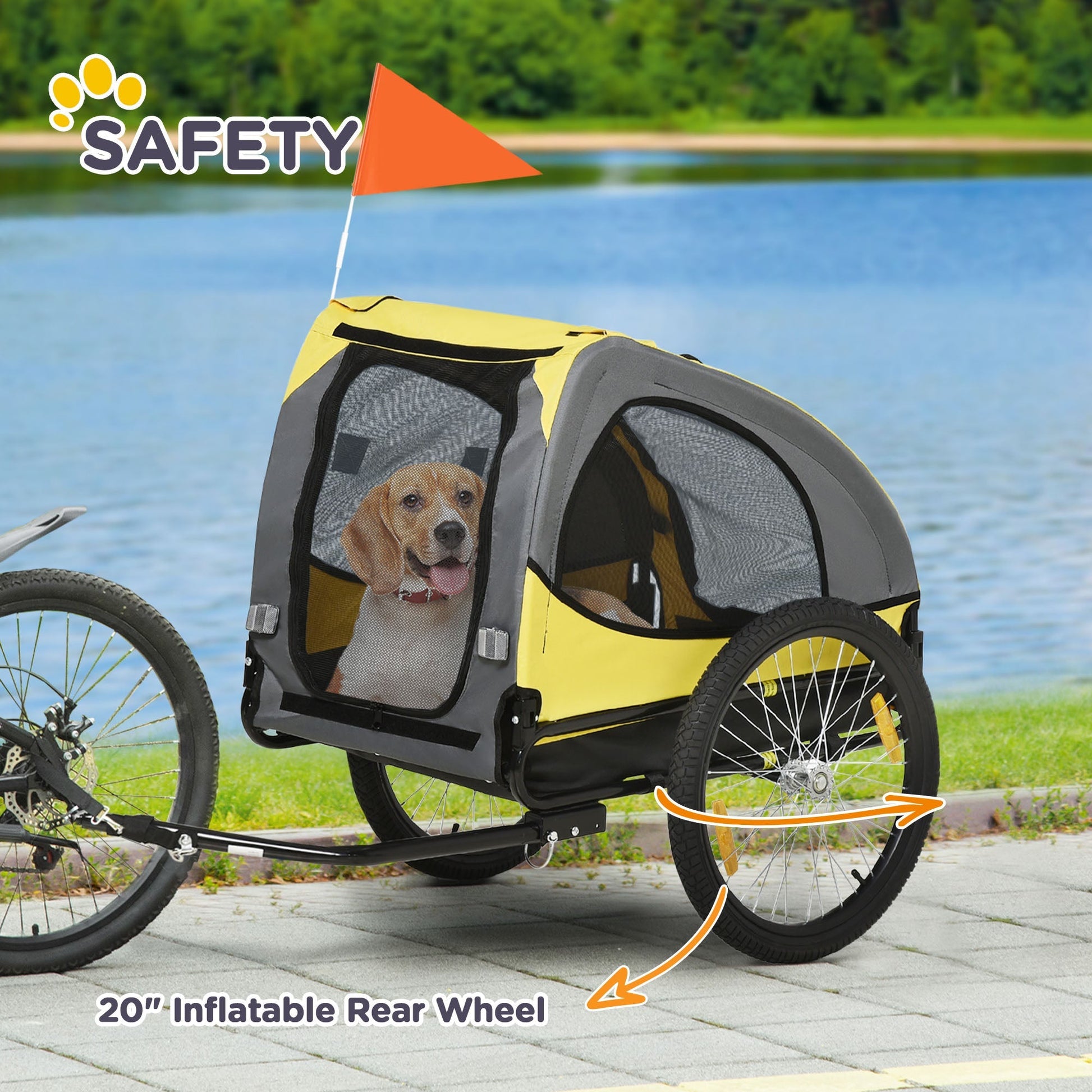 HKM-1448253 Dog Bike Trailer for Medium Pets - Yellow Outdoor Stroller with Zippered Doors and Safety Features