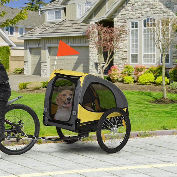 HKM-1448253 Dog Bike Trailer for Medium Pets - Yellow Outdoor Stroller with Zippered Doors and Safety Features
