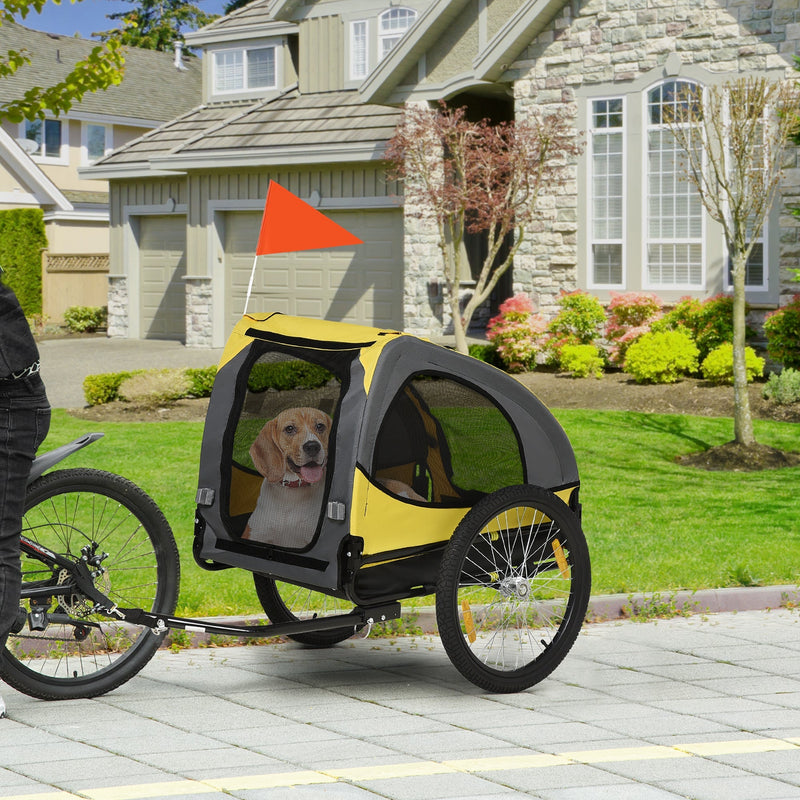 HKM-1448253 Dog Bike Trailer for Medium Pets - Yellow Outdoor Stroller with Zippered Doors and Safety Features